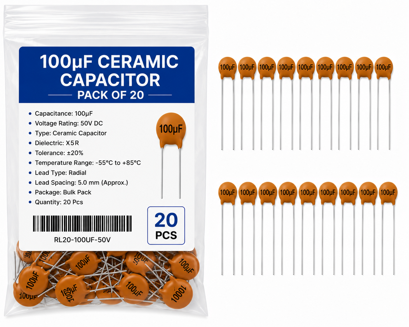 100µF Ceramic Capacitor Pack of 20