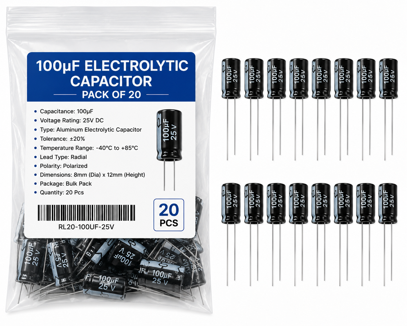 100µF Electrolytic Capacitor Pack of 20