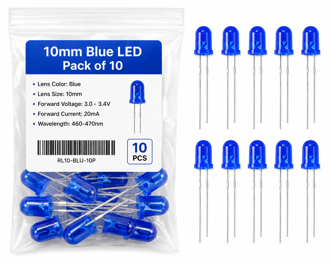 10mm Blue LED Pack of 10