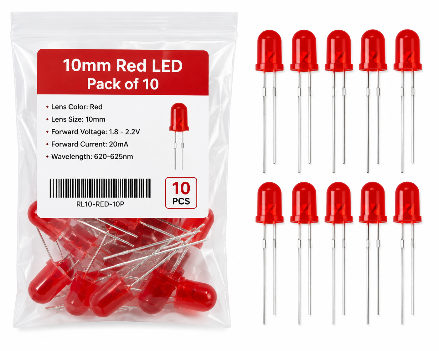 10mm Red LED Pack of 10