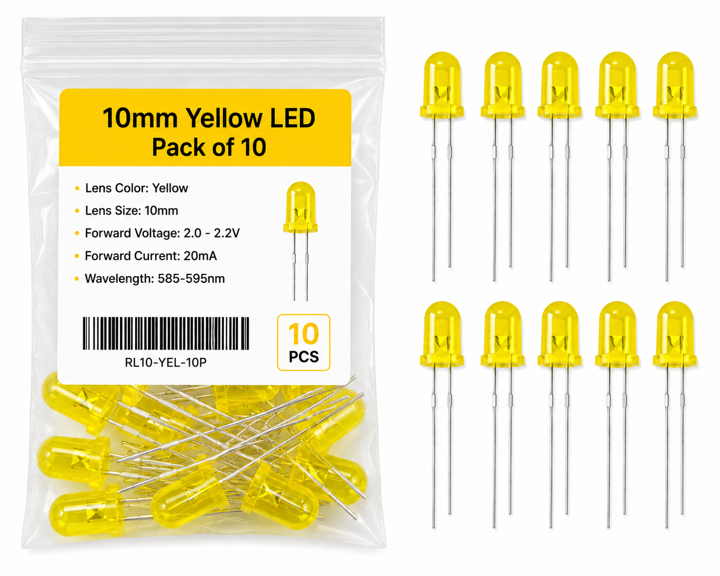 10mm Yellow LED Pack of 10